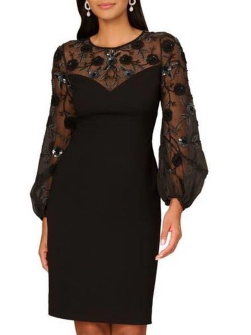 Aidan Mattox Black Embroidered Illusion-Yoke Long Sleeve Sheath Dress